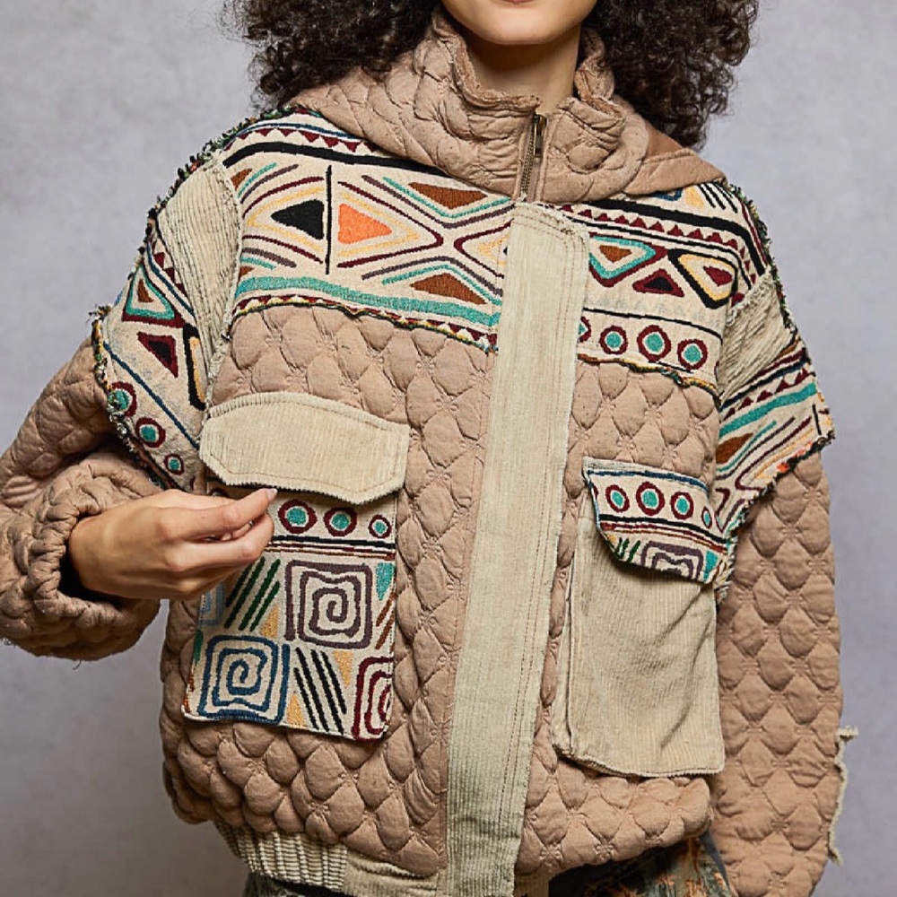 Beige Quilted Embroidered Hooded Jacket